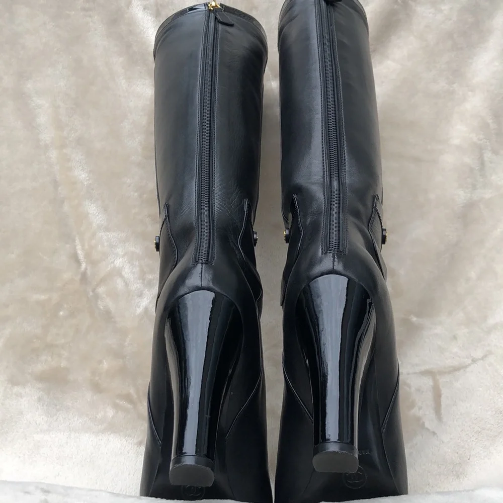 CHANEL Black Leather Tall Boots with Gold Accents - Picture 10 of 16